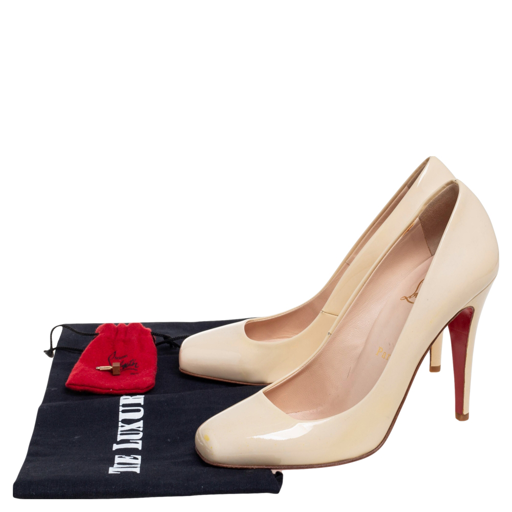 Christian Louboutin Beige Patent Leather Square Toe Pumps Size 38