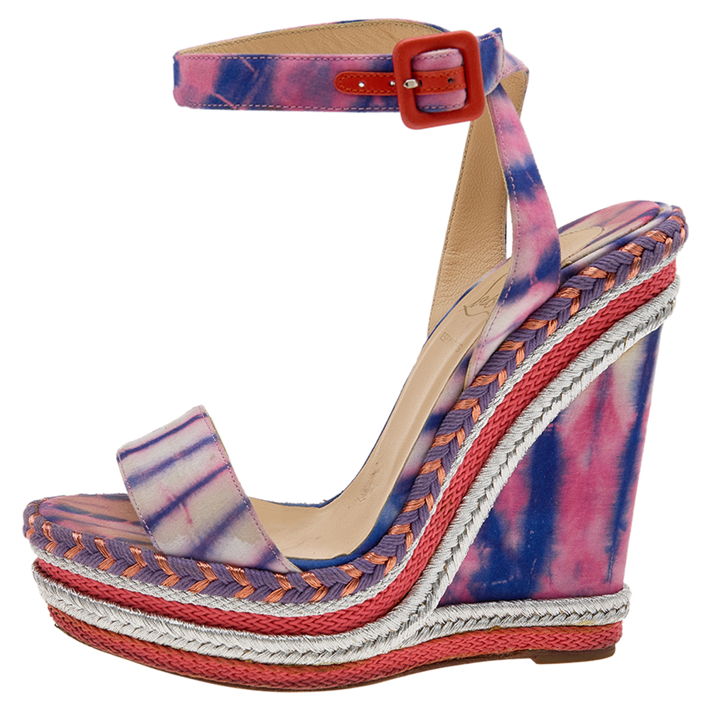 Christian Louboutin Multicolor Tie-Dye Fabric Duplice Platform Wedge Sandals Size 37