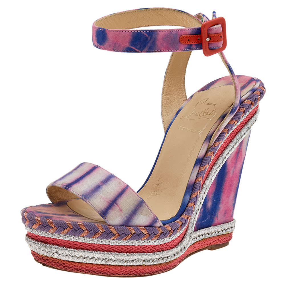 Christian Louboutin Multicolor Tie-Dye Fabric Duplice Platform Wedge Sandals Size 37