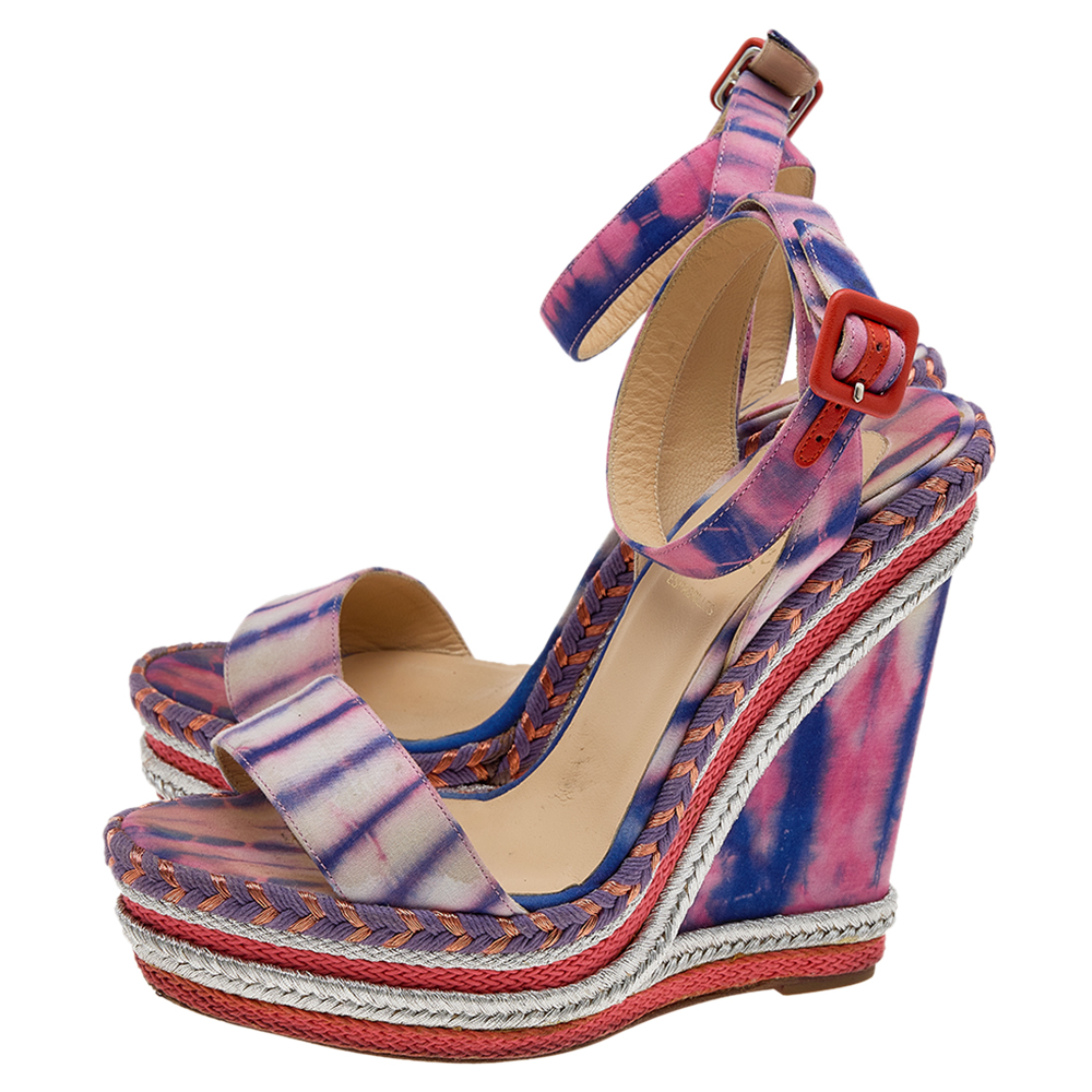 Christian Louboutin Multicolor Tie-Dye Fabric Duplice Platform Wedge Sandals Size 37