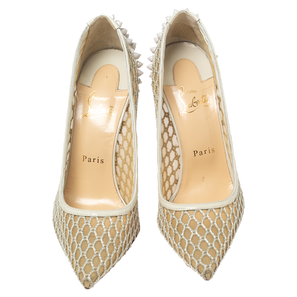 Christian Louboutin Beige Mesh And Spike Embellished Patent Leather Trimmed Guni Pointed-Toe Pumps Size 38.5
