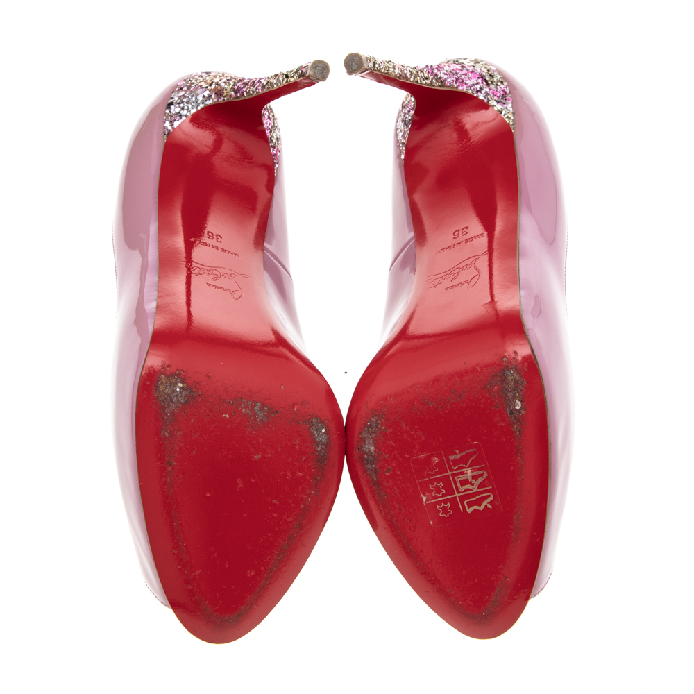 Christian Louboutin Pink Patent Leather New Very Prive Glitter Heel Platform Pumps Size 36