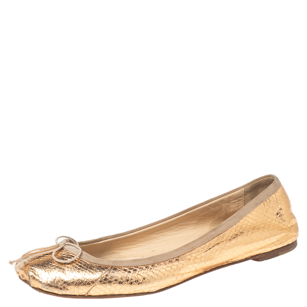 Christian Louboutin Gold Python Embossed Leather Ballet  Flats Size 37