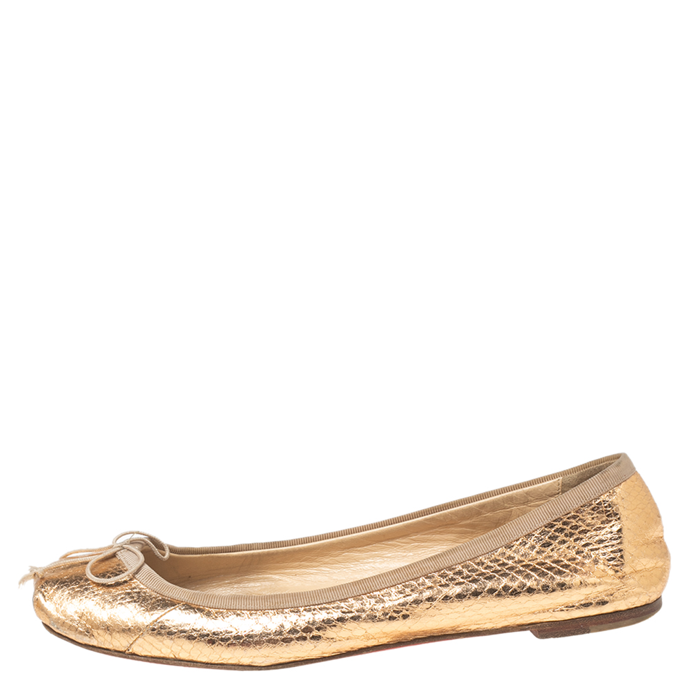 Christian Louboutin Gold Python Embossed Leather Ballet  Flats Size 37