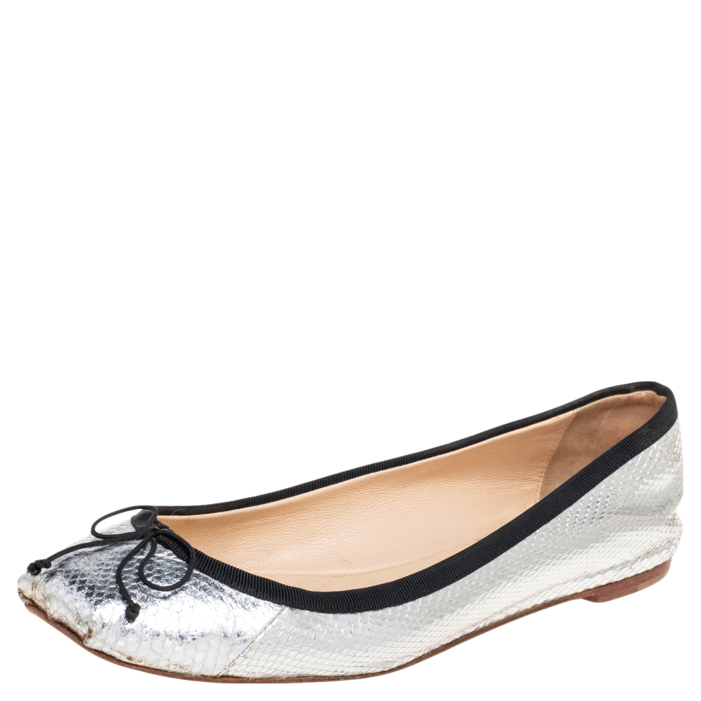 Christian Louboutin Silver Python Embossed Leather Ballet Flats Size 36.5