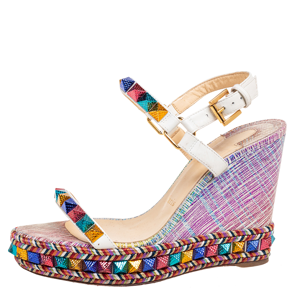 

Christian Louboutin Multicolor Leather Studded Cataclou Espadrille Wedge Sandals Size