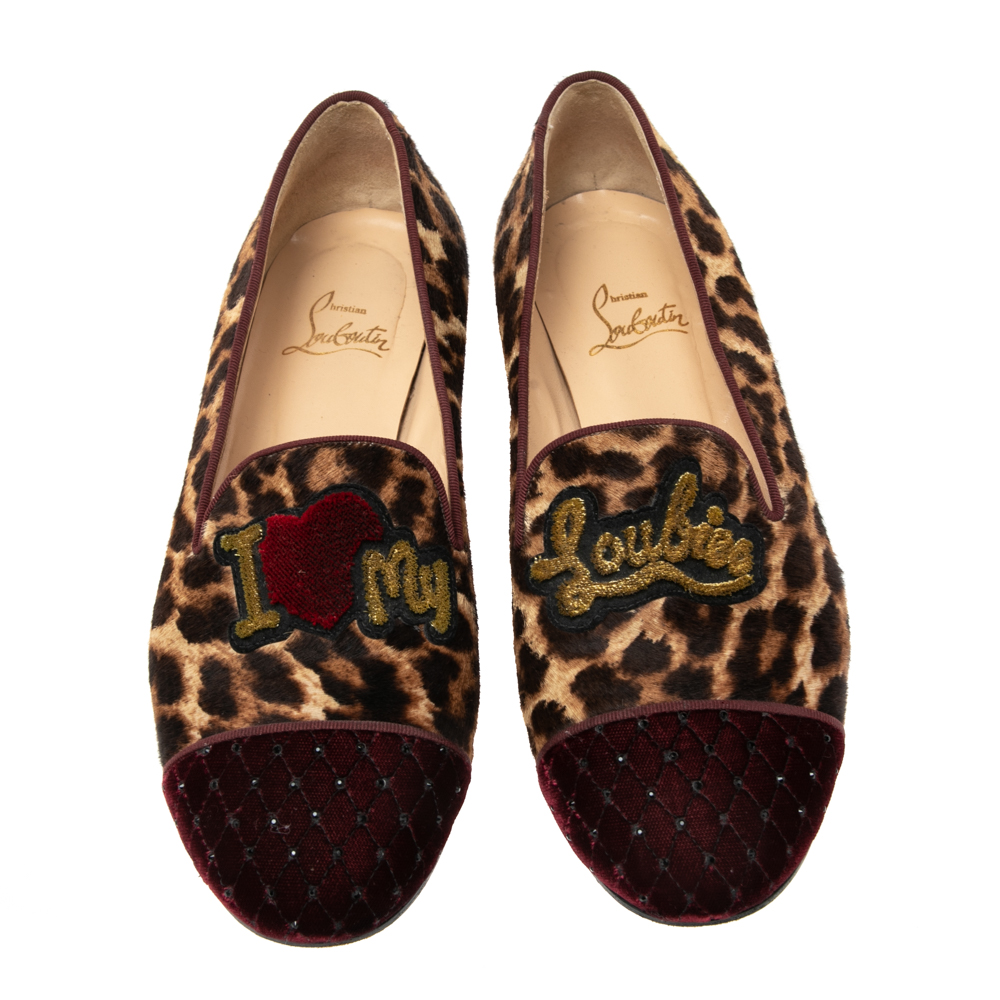 Christian Louboutin Brown Leopard Print Pony My Love Velvet Smoking Slippers Size 38.5