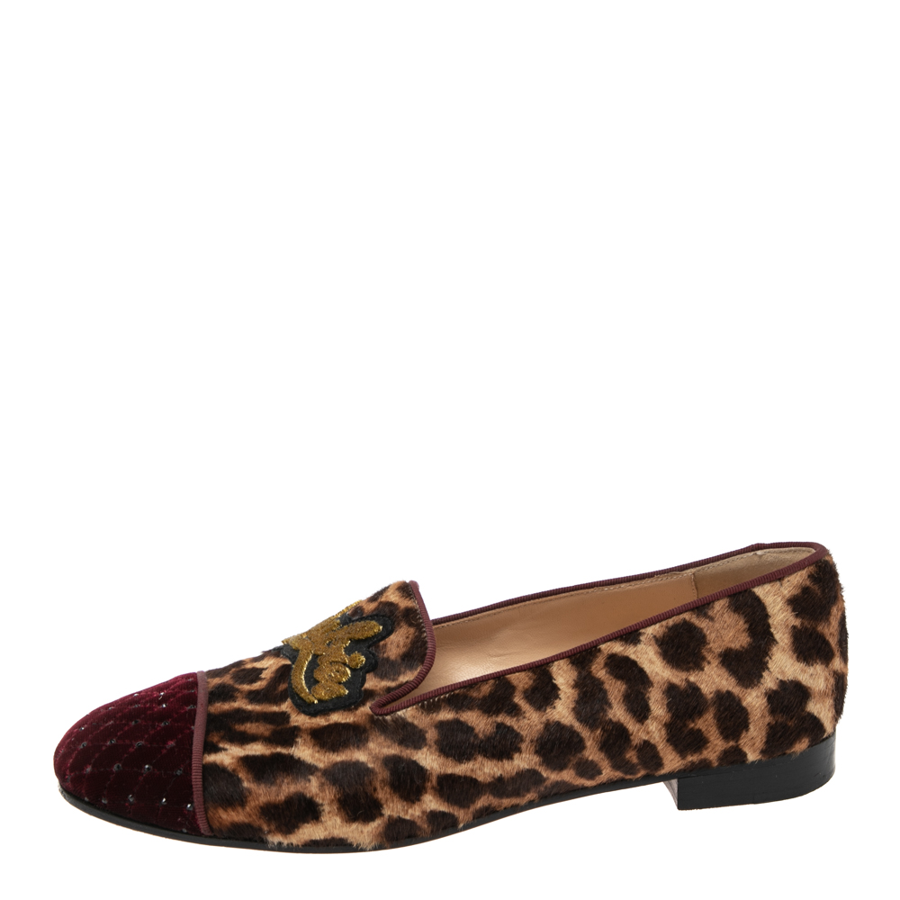 Christian Louboutin Brown Leopard Print Pony My Love Velvet Smoking Slippers Size 38.5