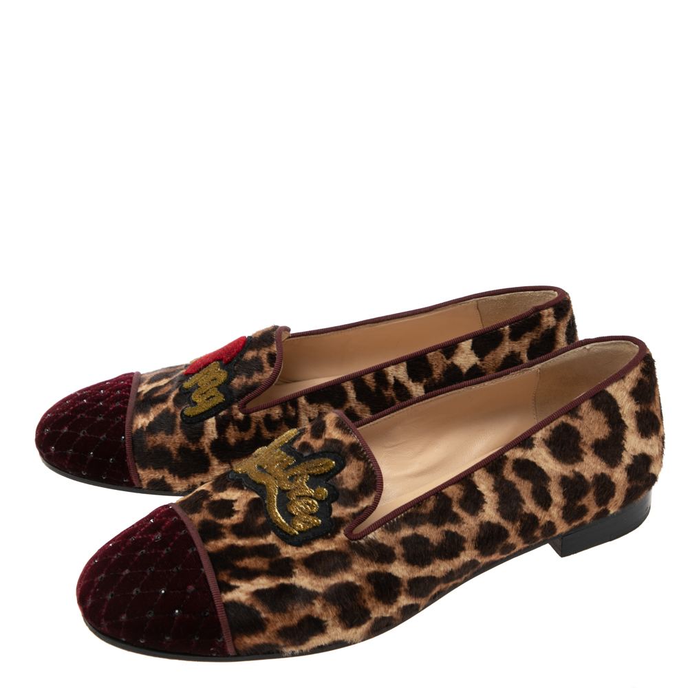 Christian Louboutin Brown Leopard Print Pony My Love Velvet Smoking Slippers Size 38.5