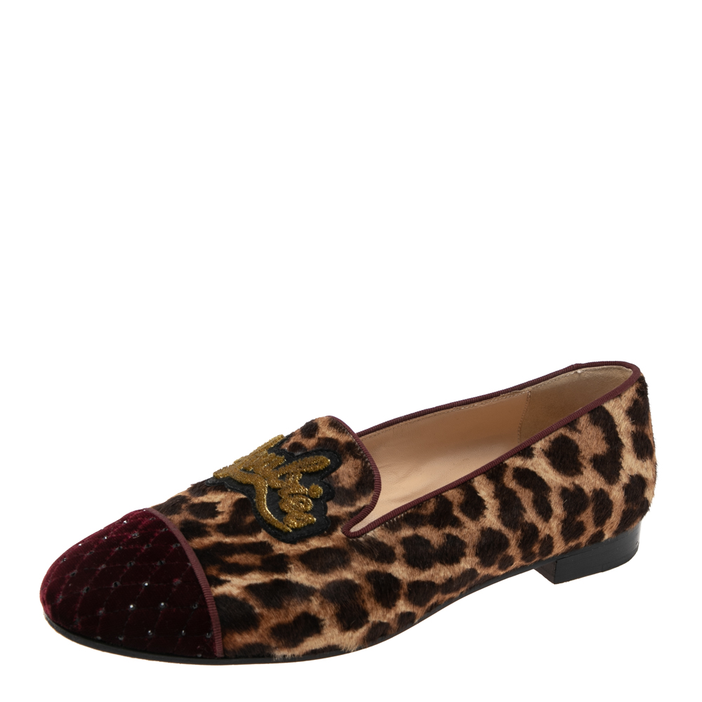 Christian louboutin brown leopard print pony my love velvet smoking slippers size 38.5