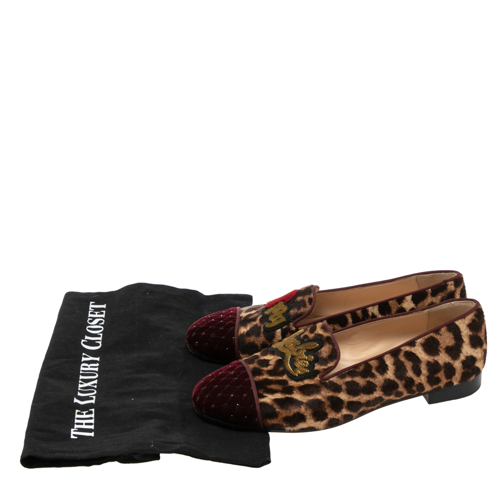 Christian Louboutin Brown Leopard Print Pony My Love Velvet Smoking Slippers Size 38.5