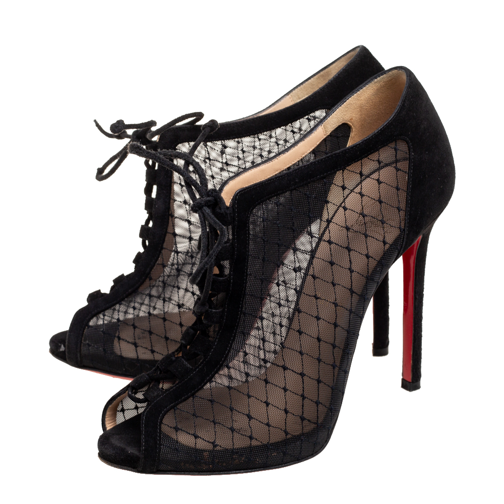 Christian Louboutin Black Mesh And Suede Lace-Up Peep-Toe Booties Size 38.5