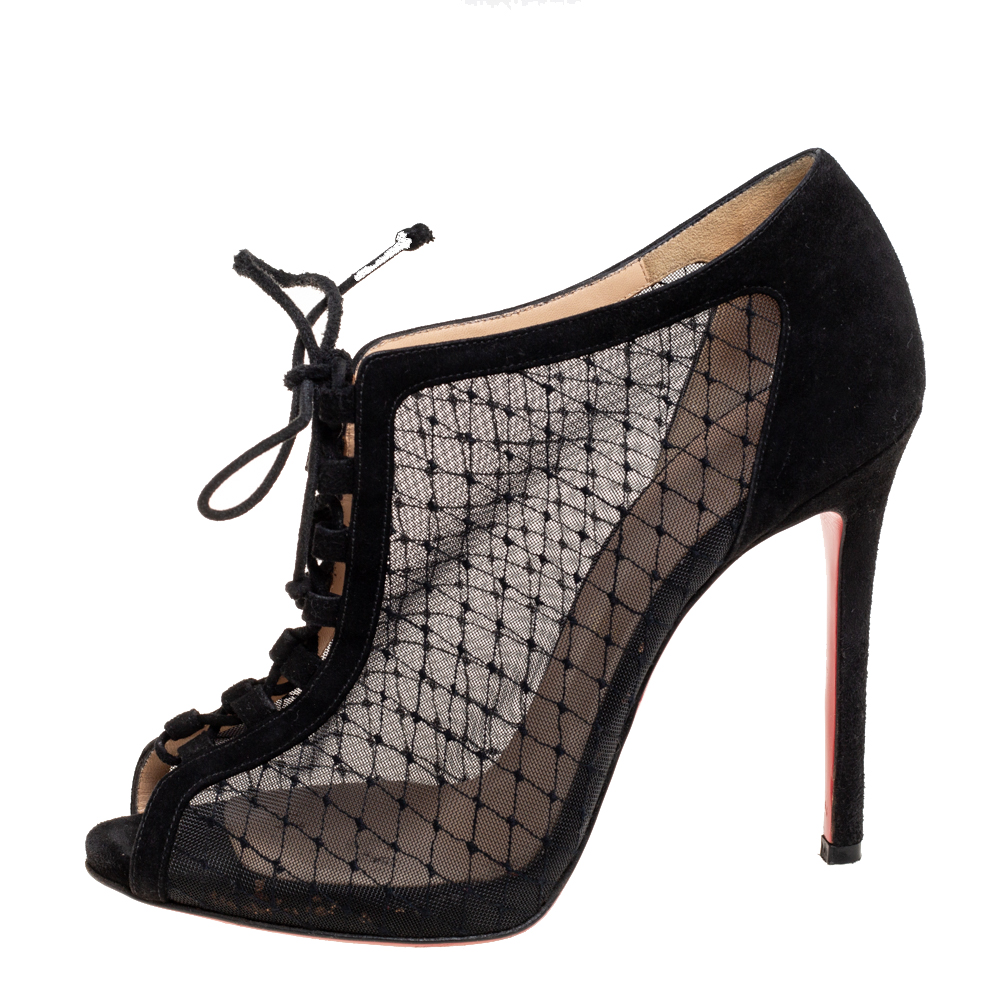 Christian Louboutin Black Mesh And Suede Lace-Up Peep-Toe Booties Size 38.5