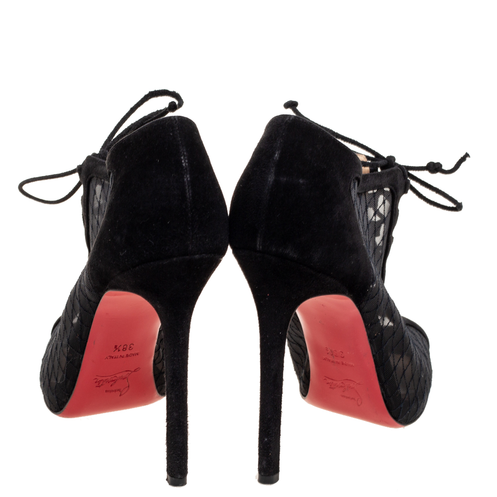 Christian Louboutin Black Mesh And Suede Lace-Up Peep-Toe Booties Size 38.5