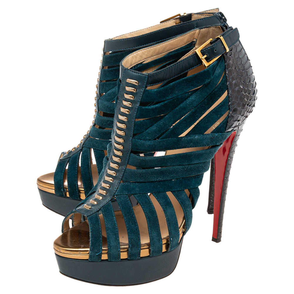 Christian Louboutin Dark Teal Suede And Python Leather Caged Karina Booties Size 38.5