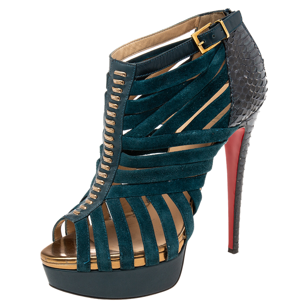 Christian Louboutin Dark Teal Suede And Python Leather Caged Karina Booties Size 38.5