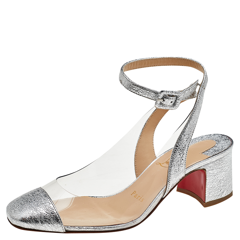 Christian Louboutin Silver Crinkled Leather And PVC Asticocotte Ankle Strap Sandals Size 35