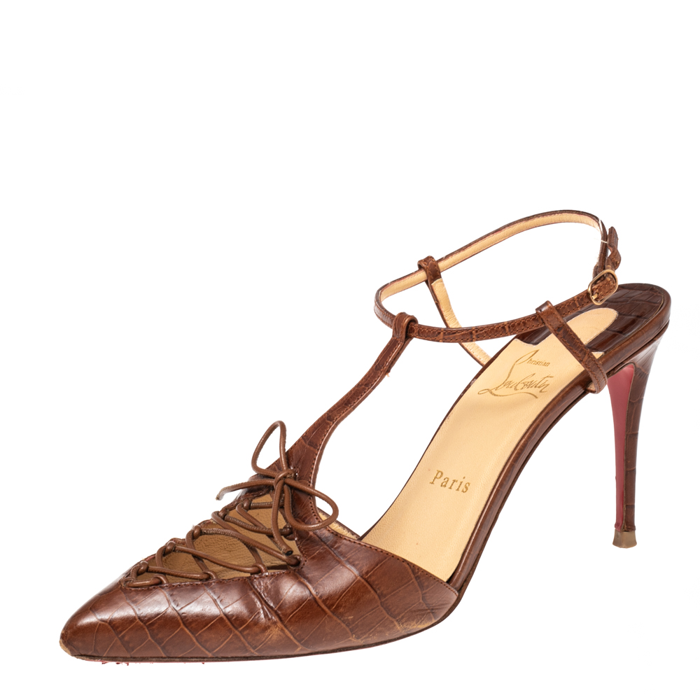 

Christian Louboutin Brown Croc Embossed Leather Crococuty Ankle-Strap Pumps Size