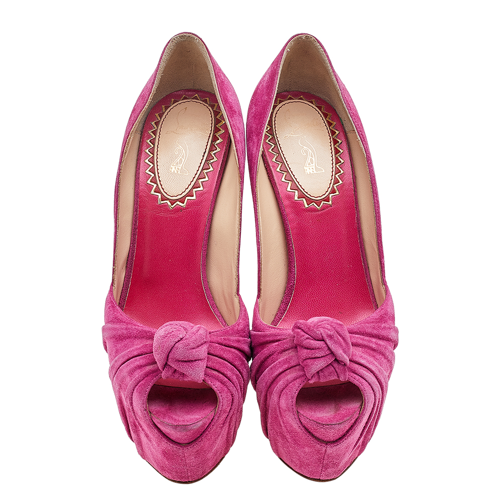 Christian Louboutin Pink Suede Rose Lady Gres 20th Anniversary Collection Platform Knot Peep Toe Pumps Size 36