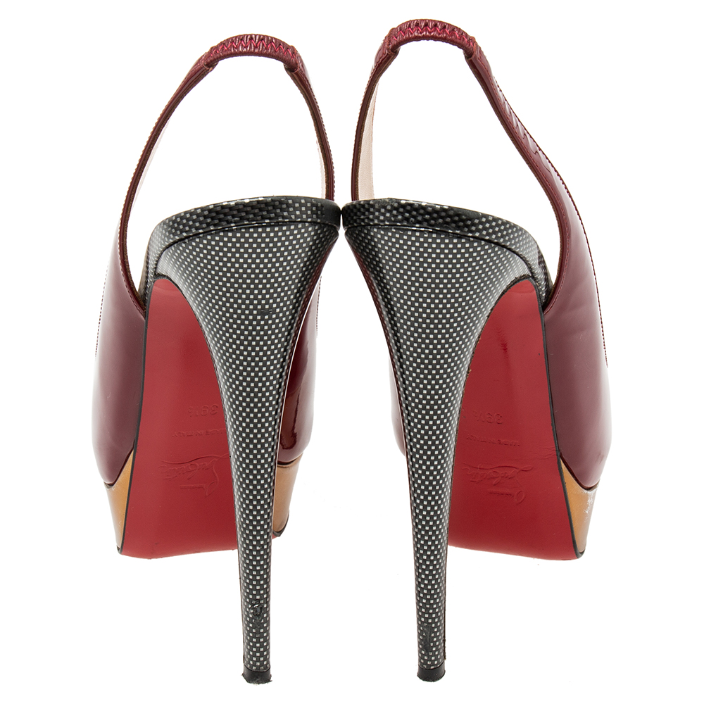Christian Louboutin Burgundy Patent Leather Lady Peep-Toe Slingback Pumps Size 39.5