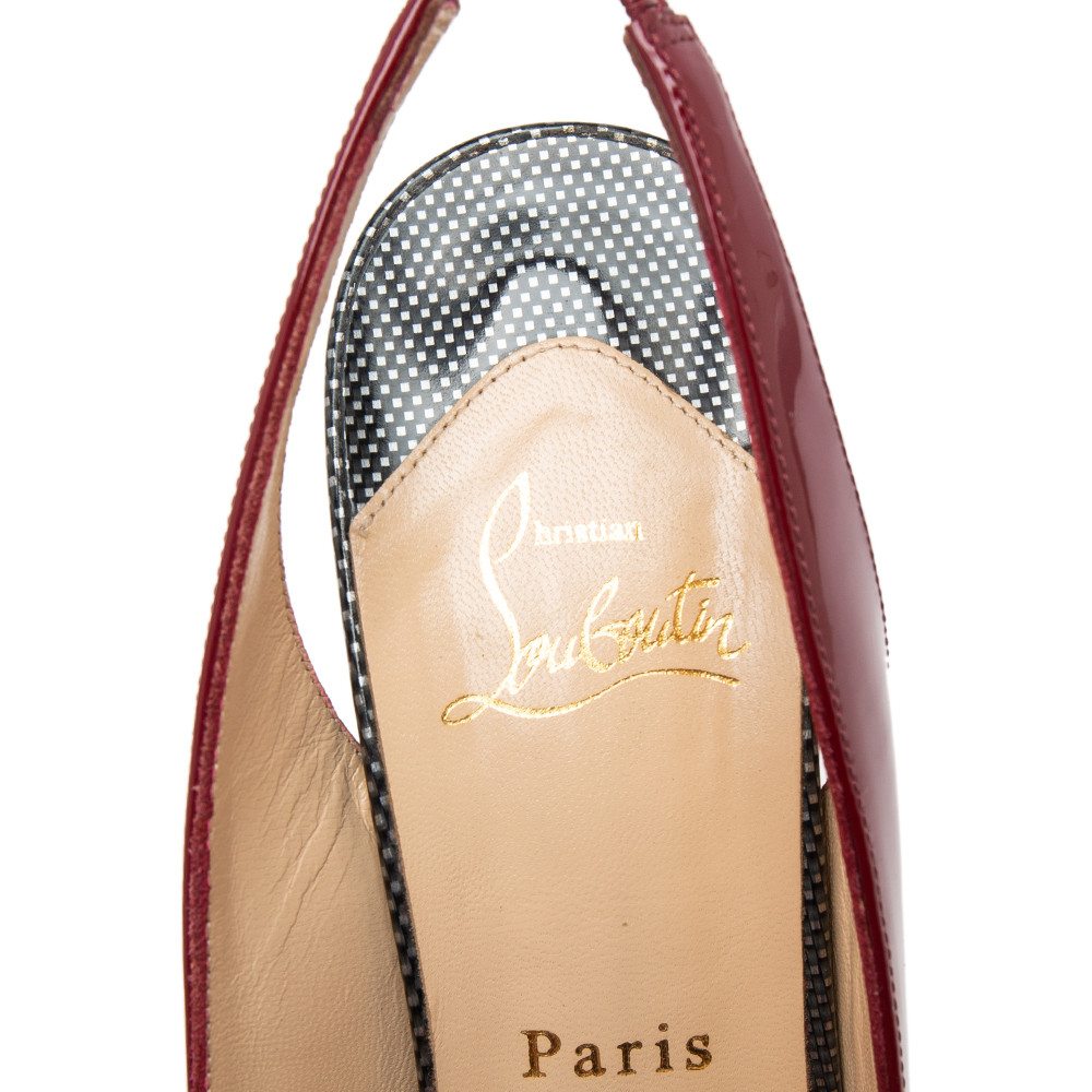 Christian Louboutin Burgundy Patent Leather Lady Peep-Toe Slingback Pumps Size 39.5