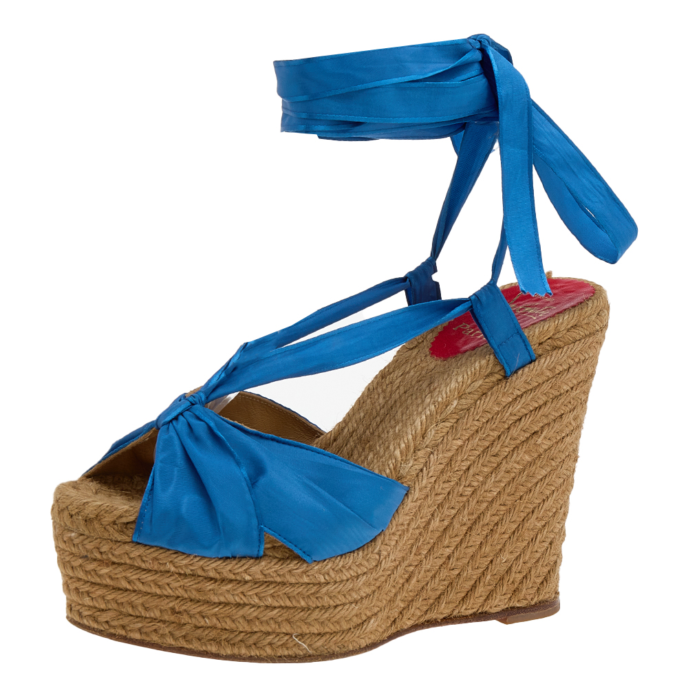Christian Louboutin Blue Silk Wedge Espadrille Ankle Wrap Sandals Size 40