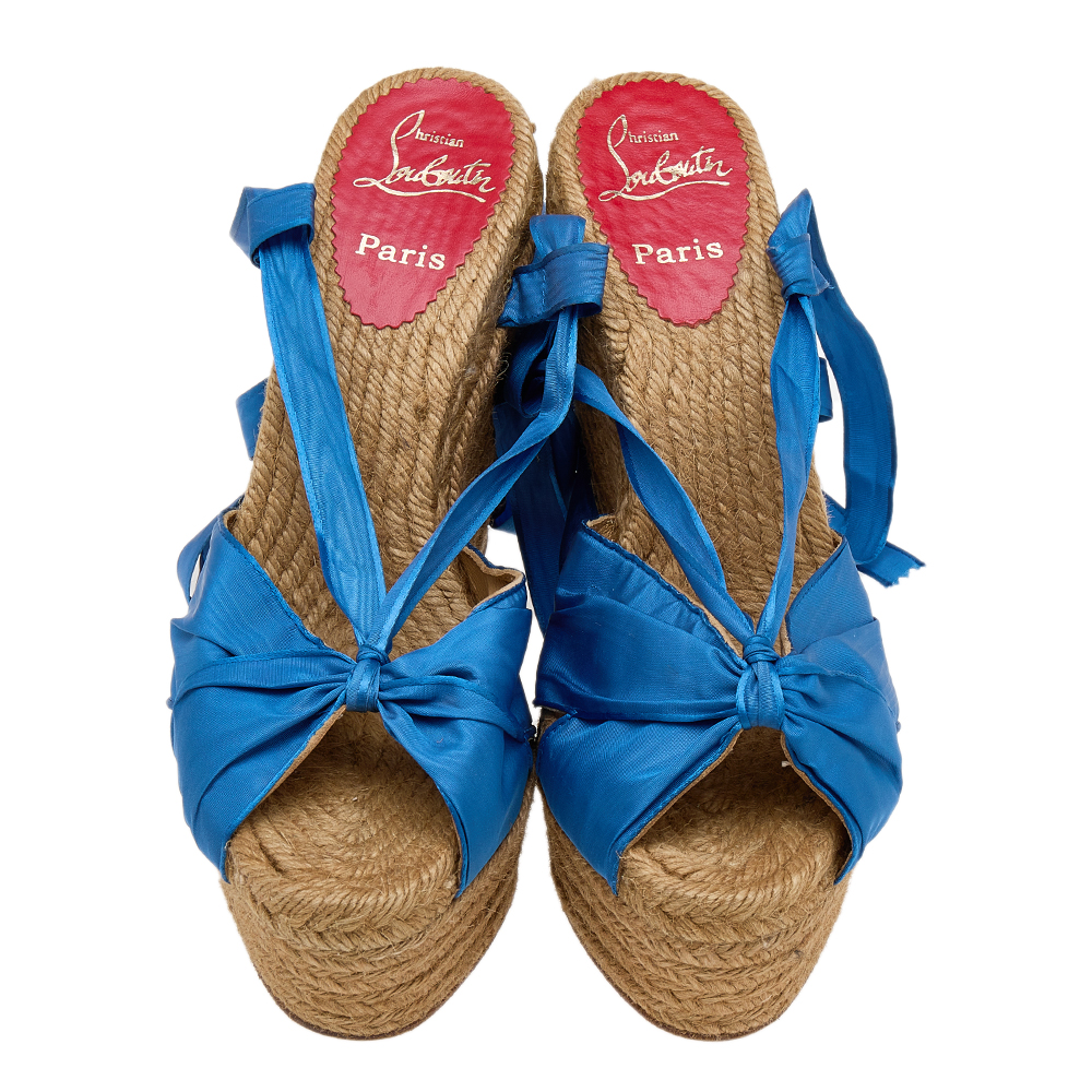 Christian Louboutin Blue Silk Wedge Espadrille Ankle Wrap Sandals Size 40