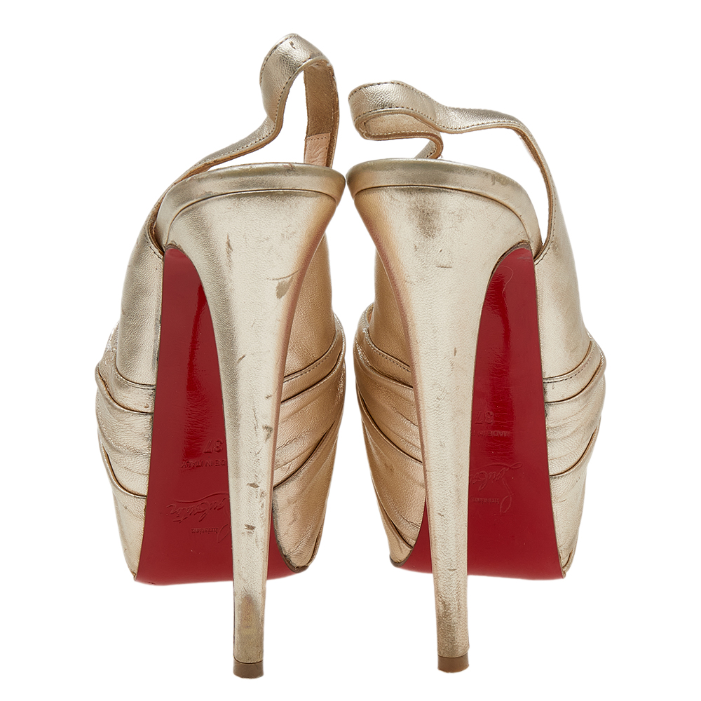 Christian Louboutin Gold Leather Jenny Knotted Platform Slingback Sandals Size 37