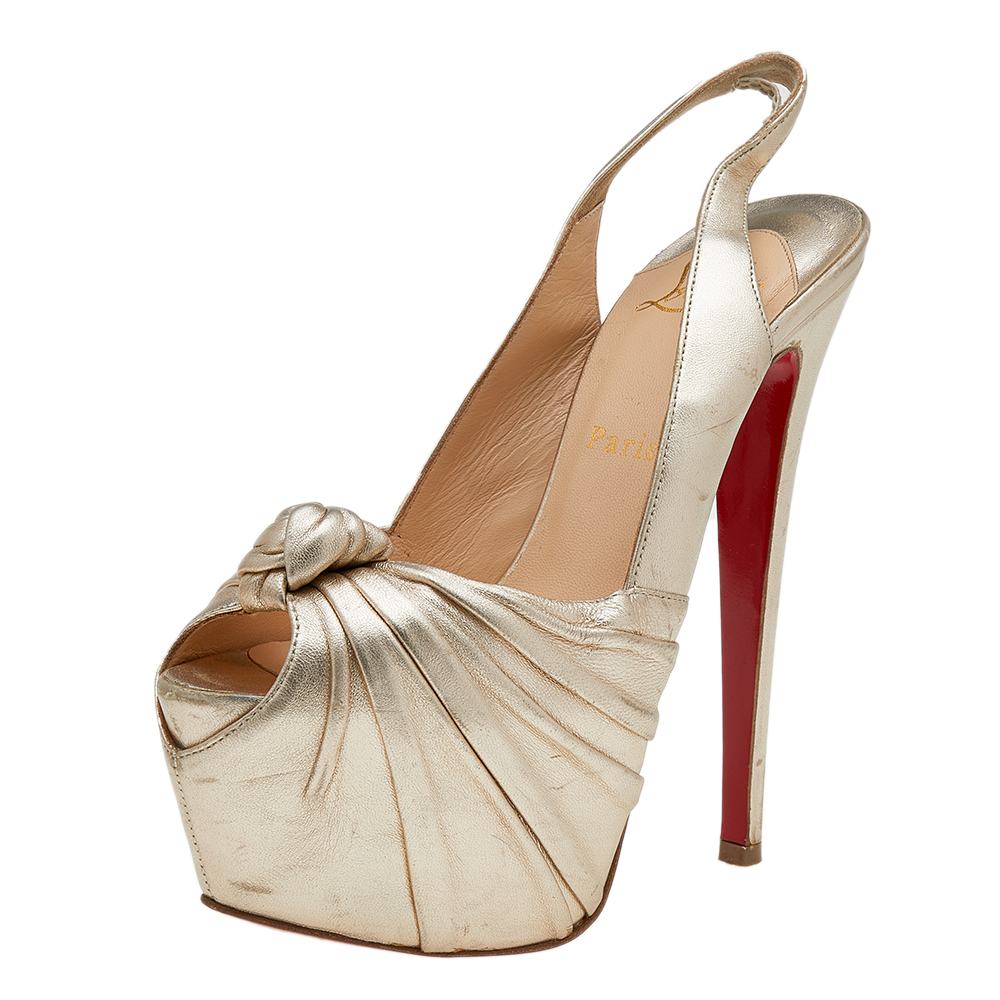 Christian louboutin gold leather jenny knotted platform slingback sandals size 37