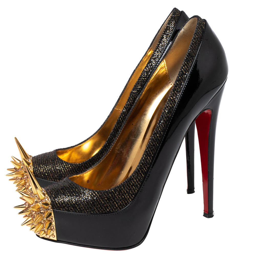 Christian Louboutin Black/Gold Patent Leather And Lurex Fabric Asteroid Spike Pumps Size 39.5