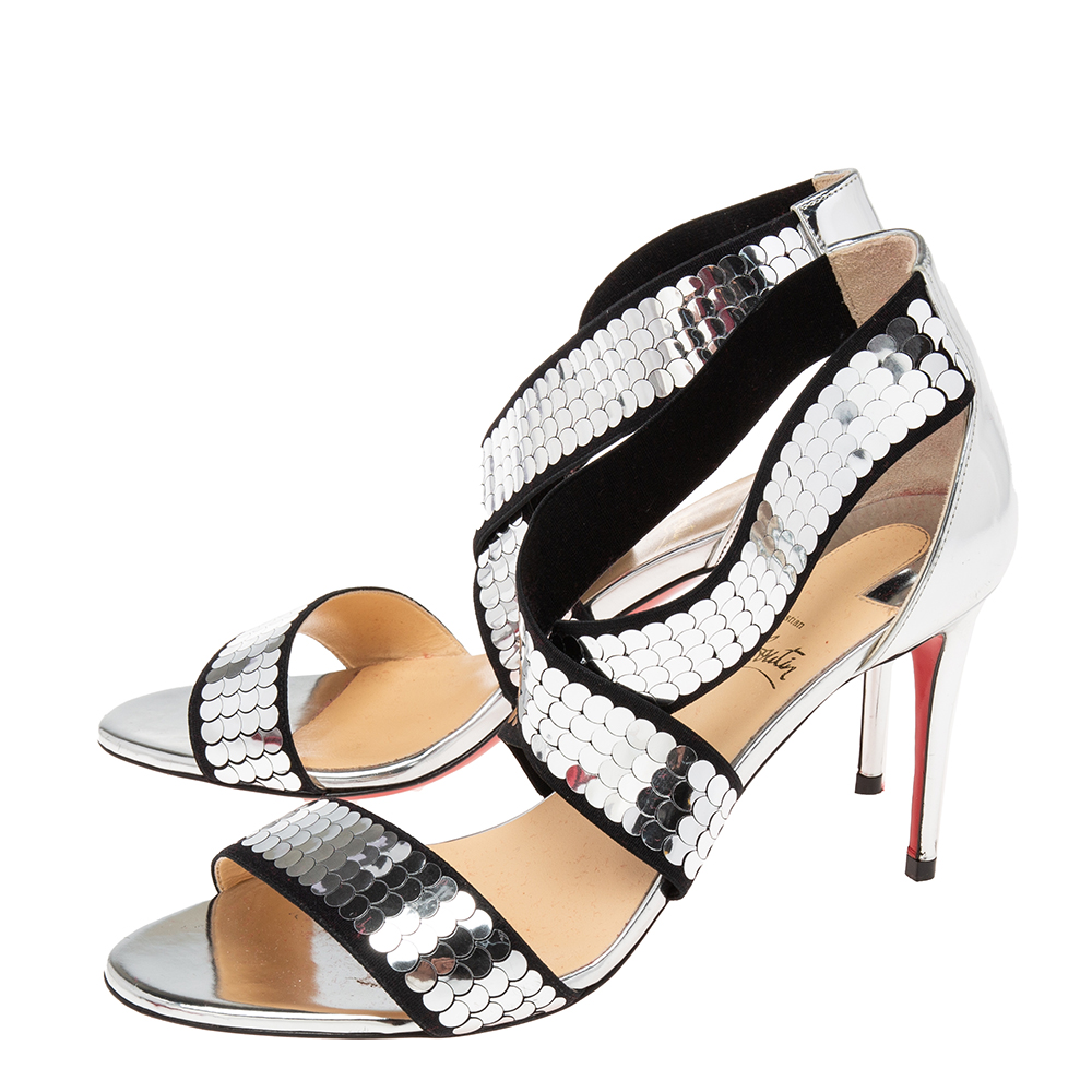 Christian Louboutin Black/Silver Sequins Fabric And Leather Xili Disco Sandals Size 38