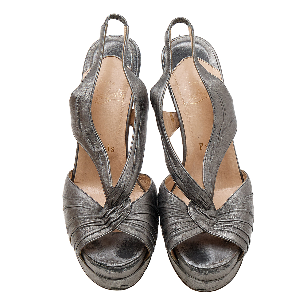 Christian Louboutin Metallic Grey Leather Platform Slingback Sandals Size 36.5