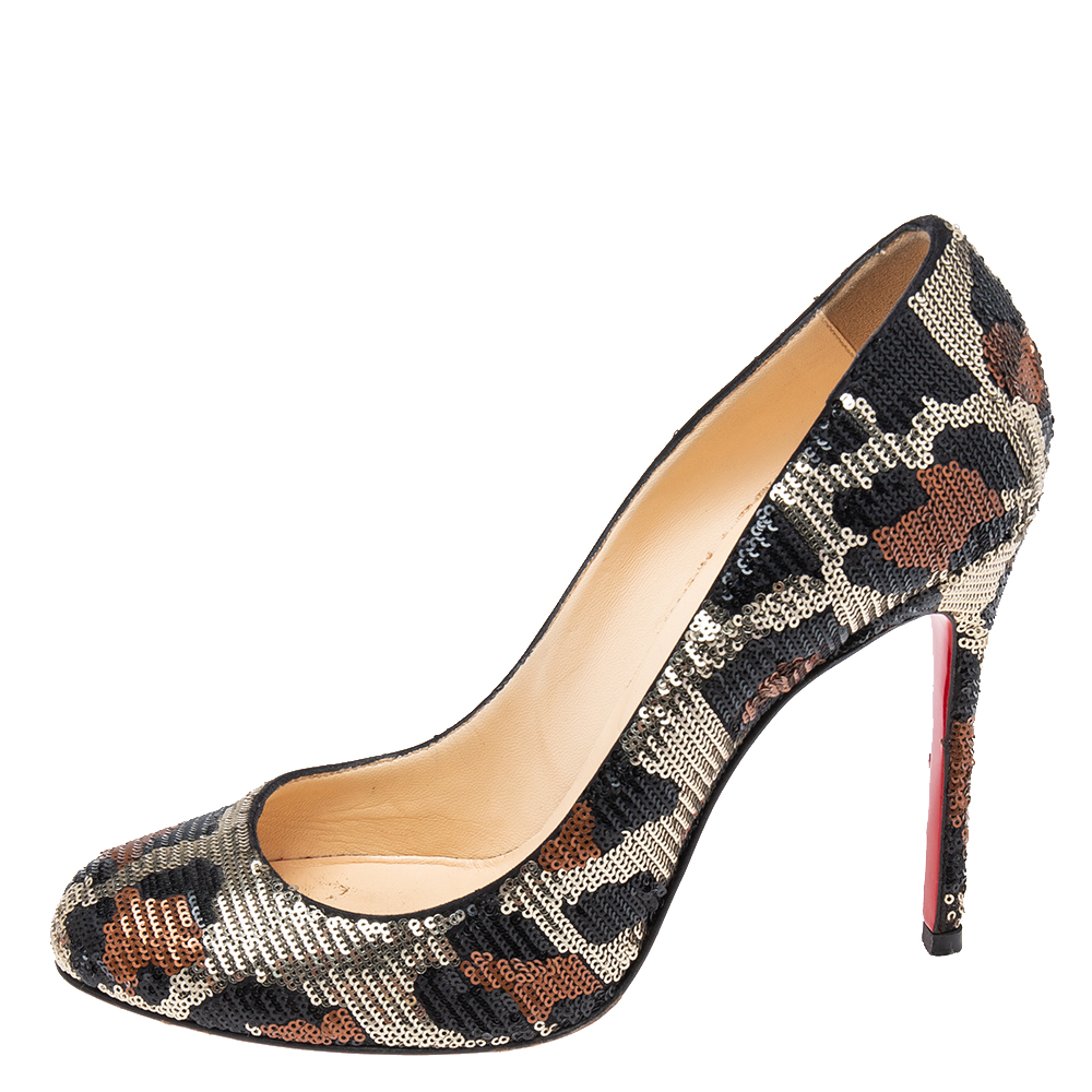 Christian Louboutin Tri-Color Leopard Print Sequins Fifi Pumps Size 38