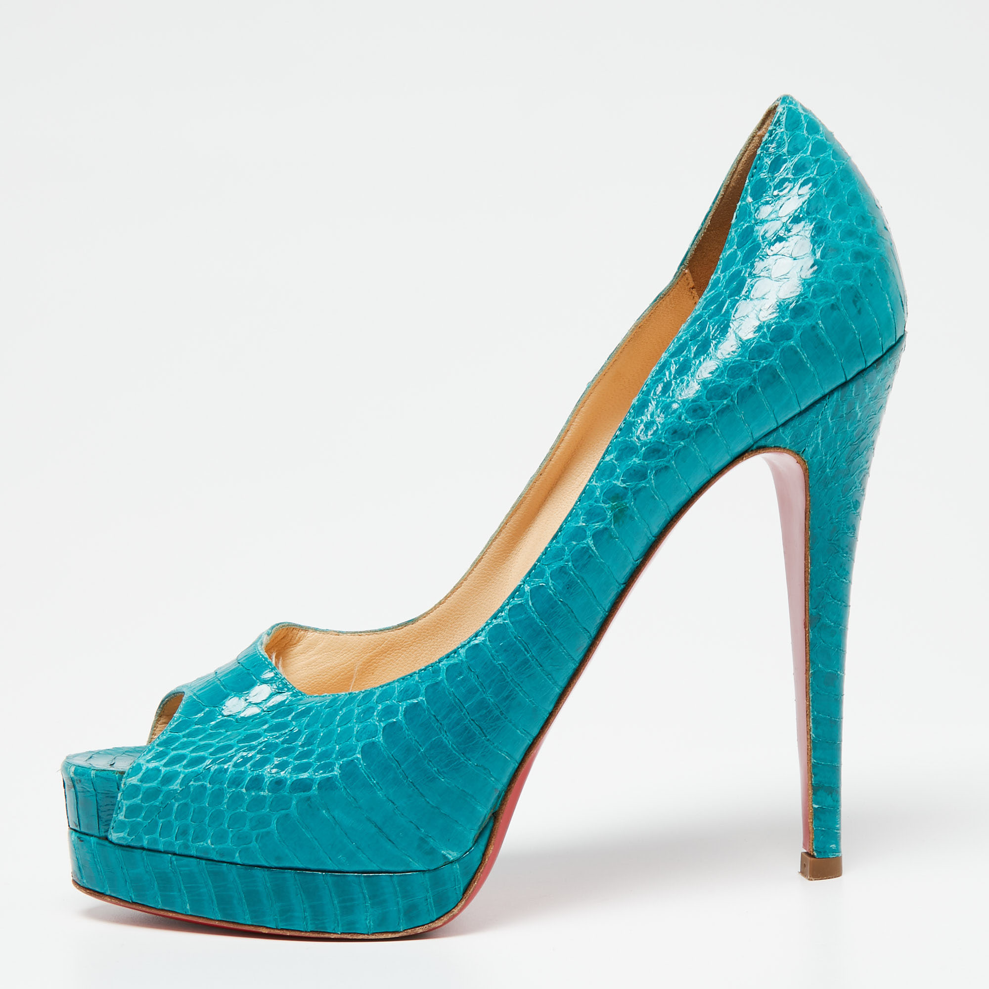 Christian louboutin turquoise python leather altadama peep-toe pumps size 39.5