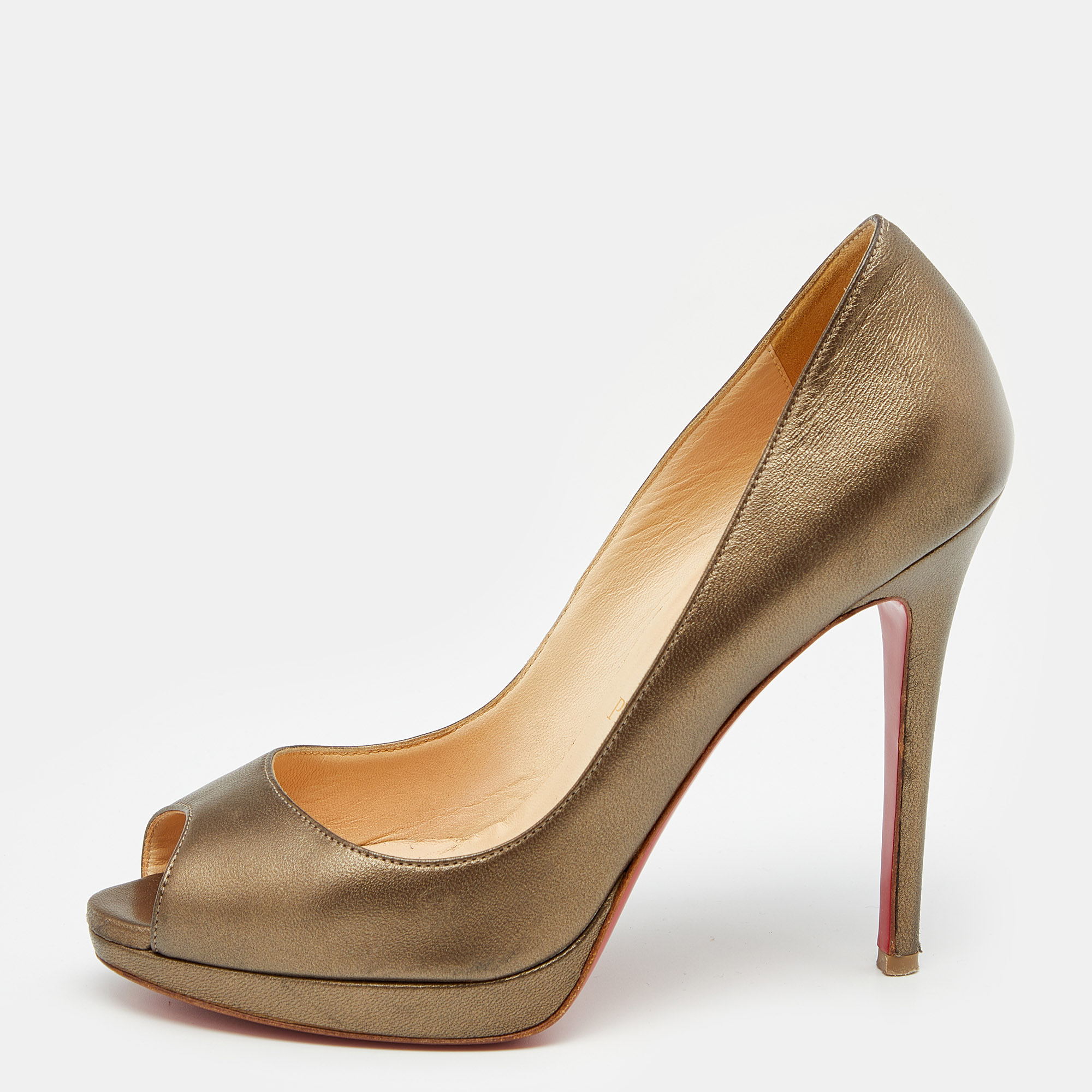 Christian louboutin metallic bronze leather yolanda peep toe pumps size 37