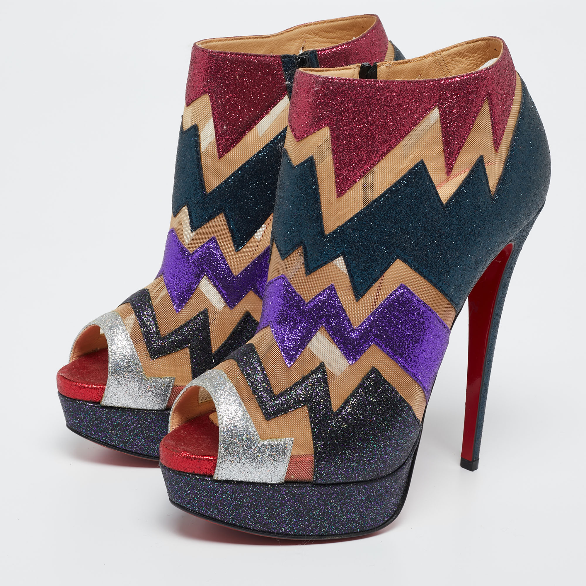 Christian Louboutin Multicolor Glitter And Mesh Ziggy Peep-Toe Ankle Booties Size 38