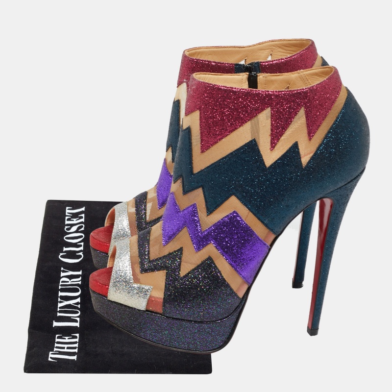 Christian Louboutin Multicolor Glitter And Mesh Ziggy Peep-Toe Ankle Booties Size 38