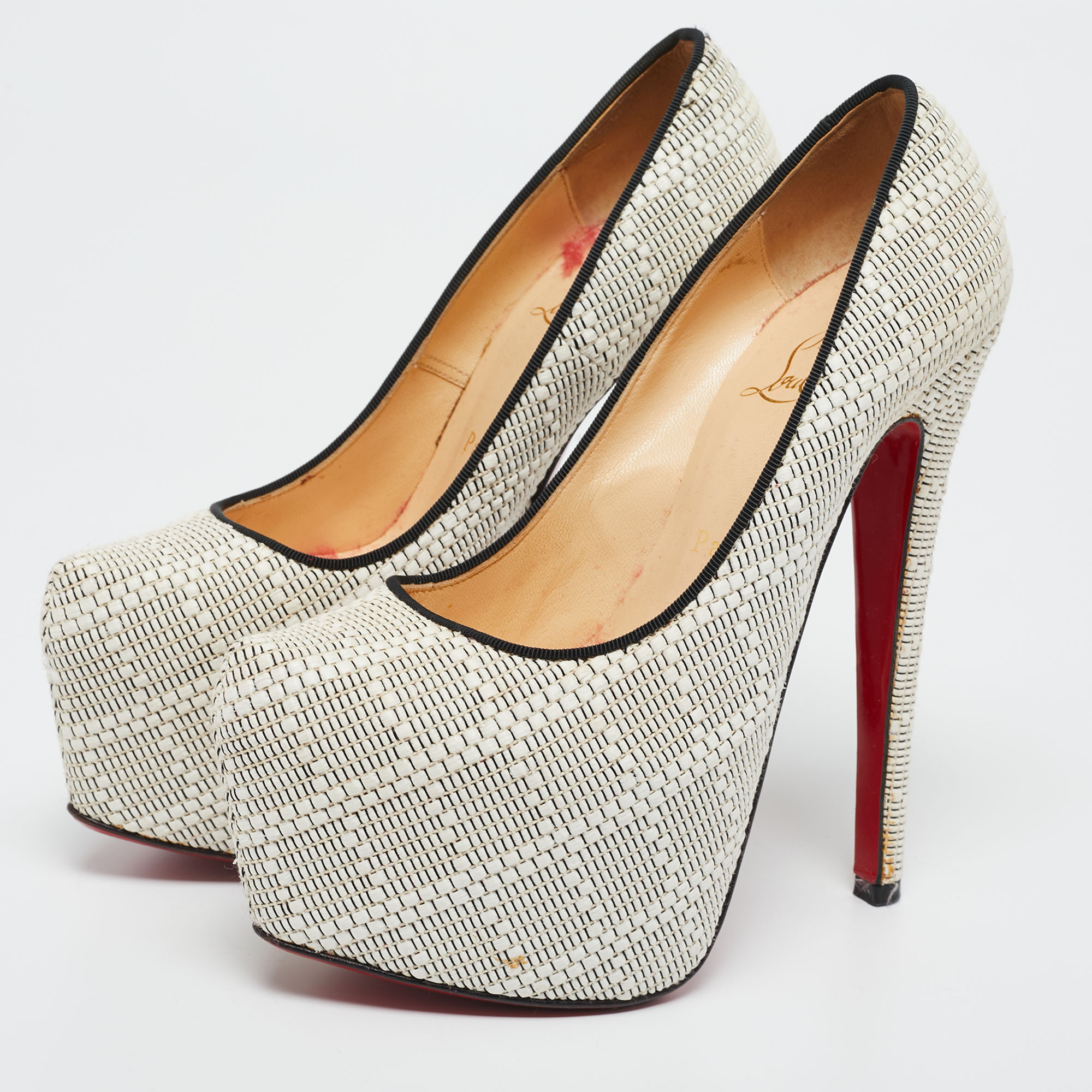 Christian Louboutin White/Black Raffia Daffodile Platform Pumps Size 36.5