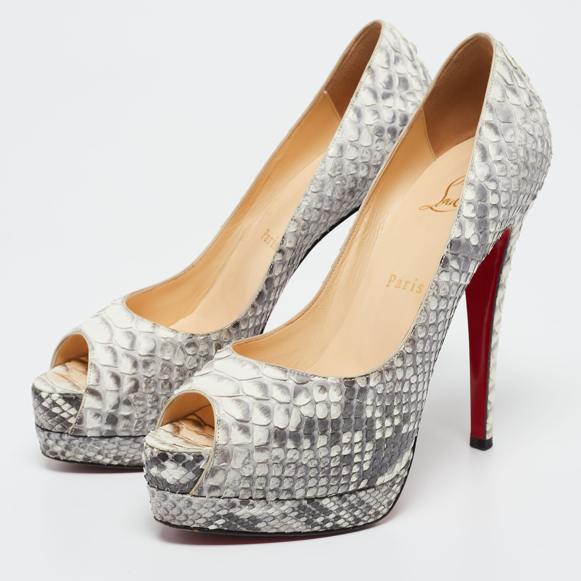 Christian Louboutin Grey/White Python Altadama Peep Toe Platform Pumps Size 37