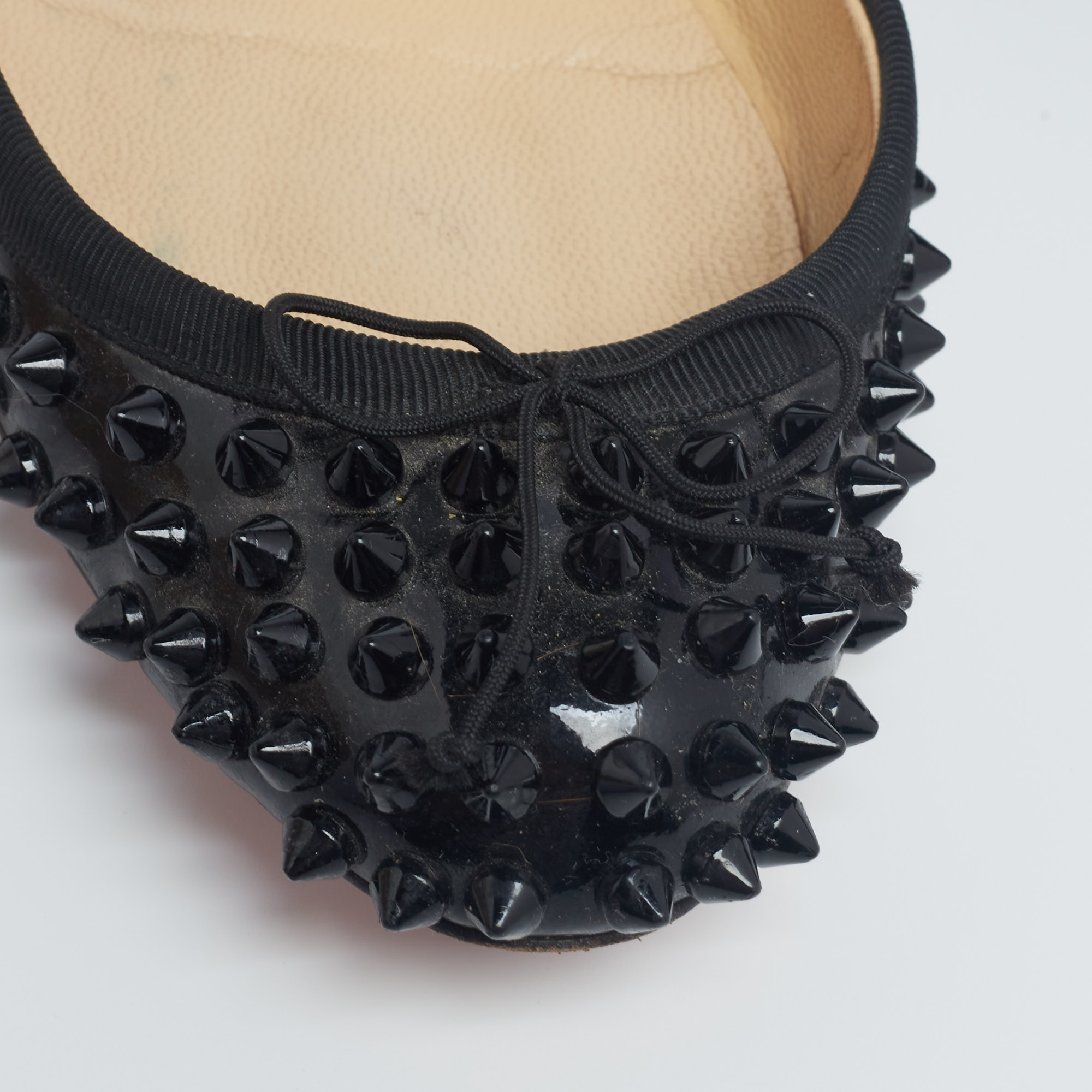 Christian Louboutin Black Patent Leather Sonietta Spikes Bow Ballet Flats Size 36.5