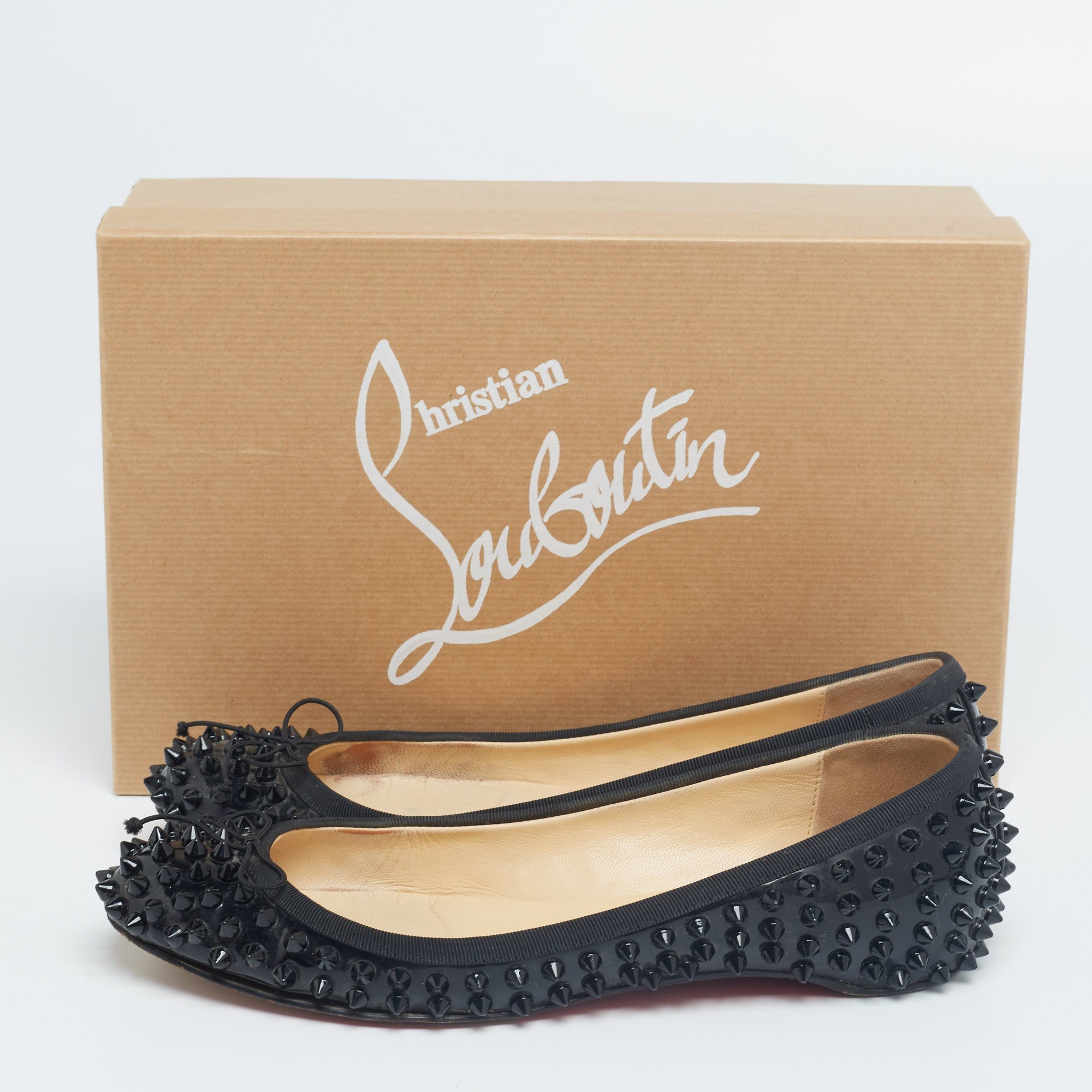 Christian Louboutin Black Patent Leather Sonietta Spikes Bow Ballet Flats Size 36.5