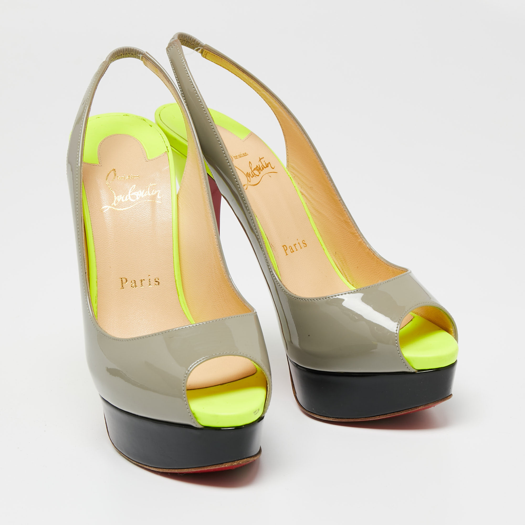 Christian Louboutin Tri-Color Patent Leather Lady Peep-Toe Slingback Sandals Size 37.5