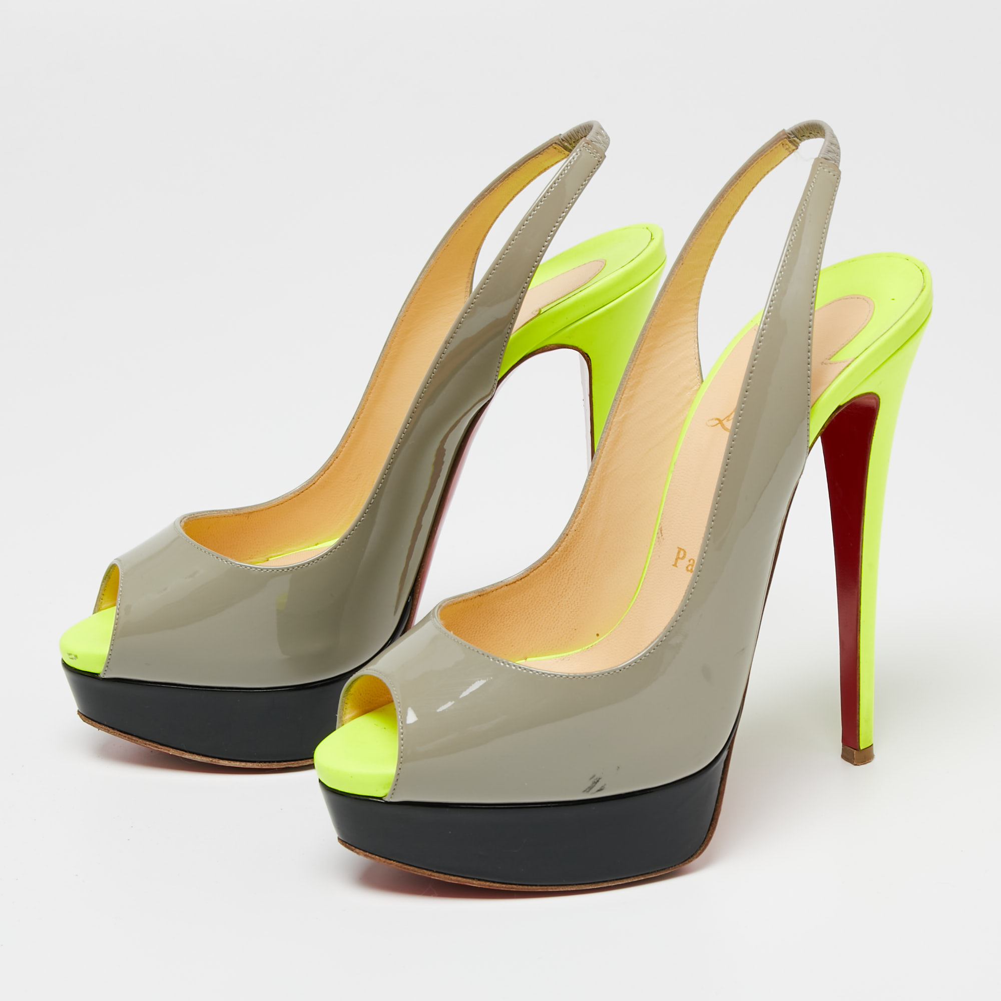 Christian Louboutin Tri-Color Patent Leather Lady Peep-Toe Slingback Sandals Size 37.5