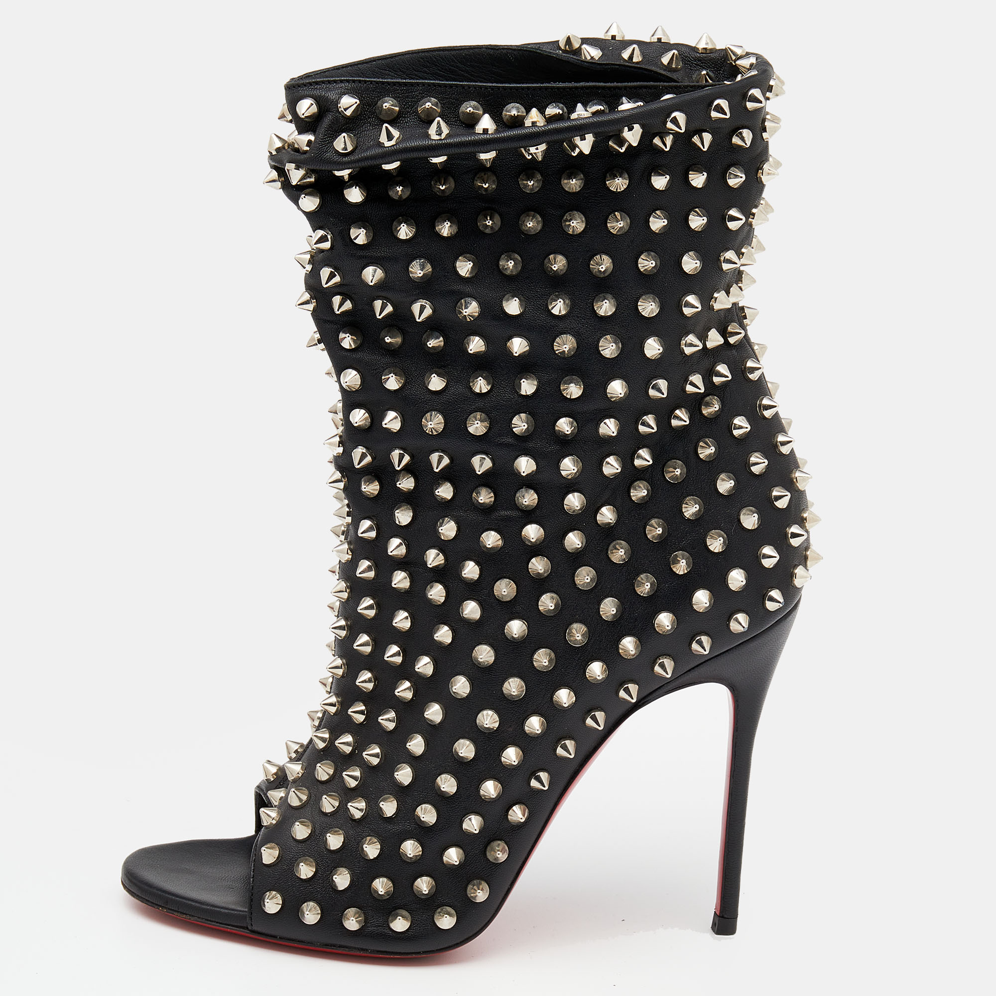 Christian Louboutin Black Leather Spiked Guerilla Peep Toe Slouchy Ankle Boots Size 37.5