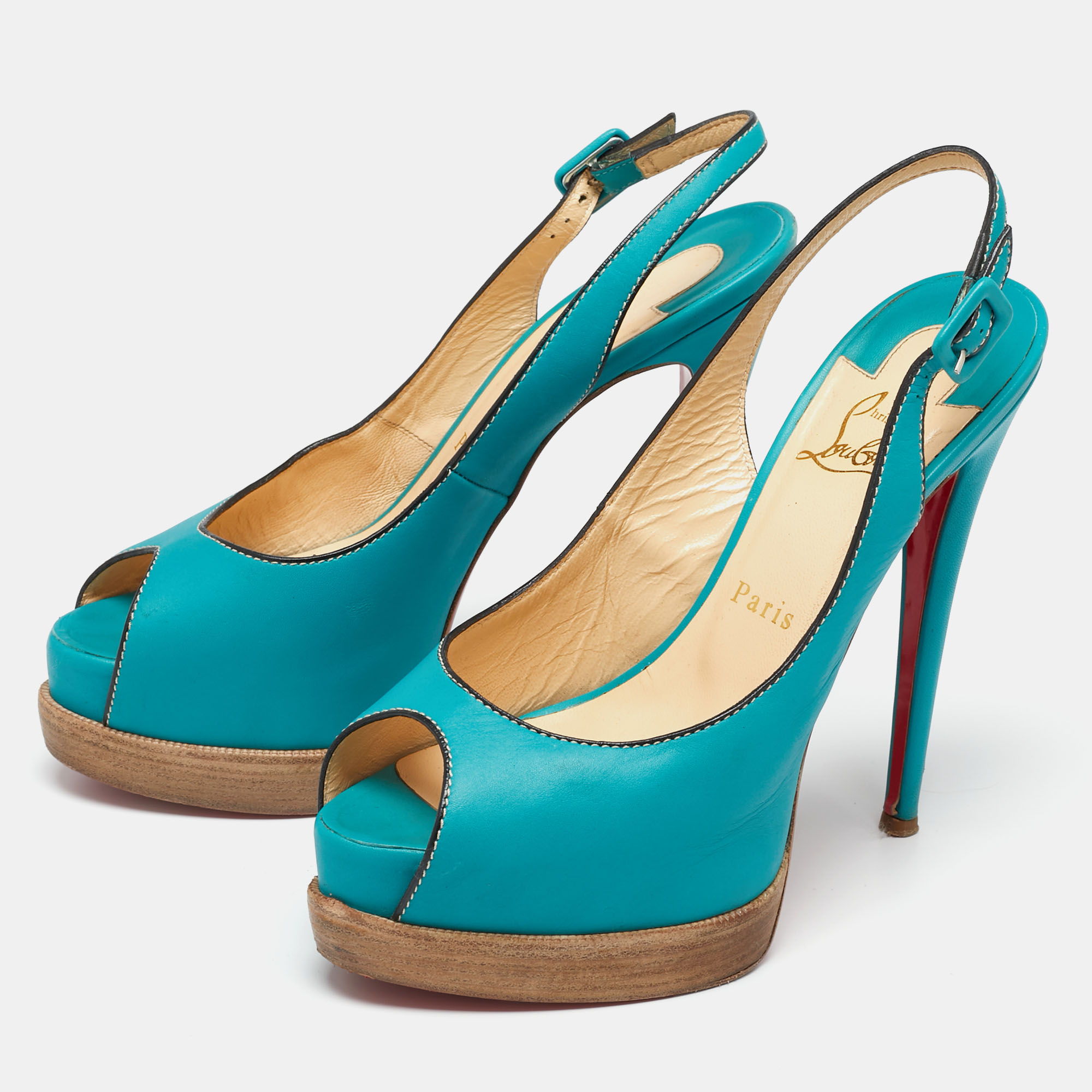 Christian Louboutin Turquoise Leather Peep-Toe Platform Slingback Sandals Size 38.5