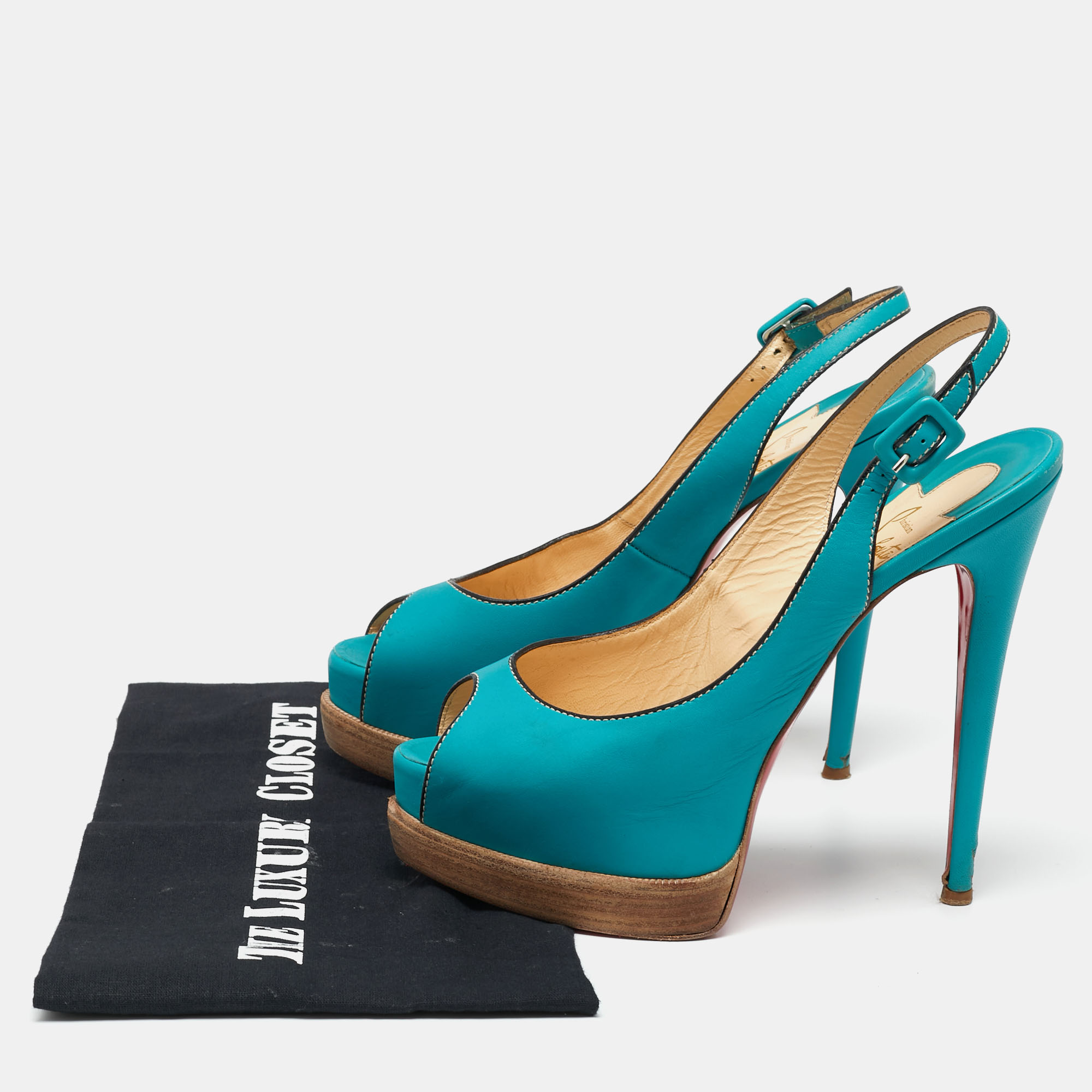 Christian Louboutin Turquoise Leather Peep-Toe Platform Slingback Sandals Size 38.5