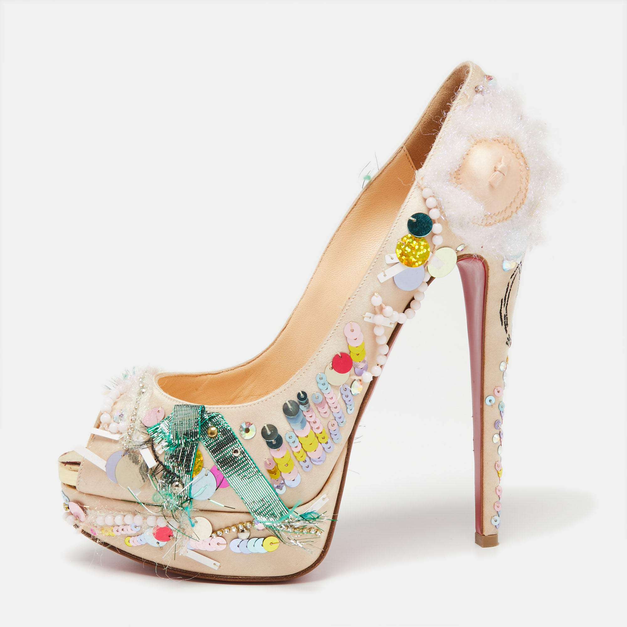 Christian louboutin beige satin 'make up trash' lady peep-toe pumps size 38