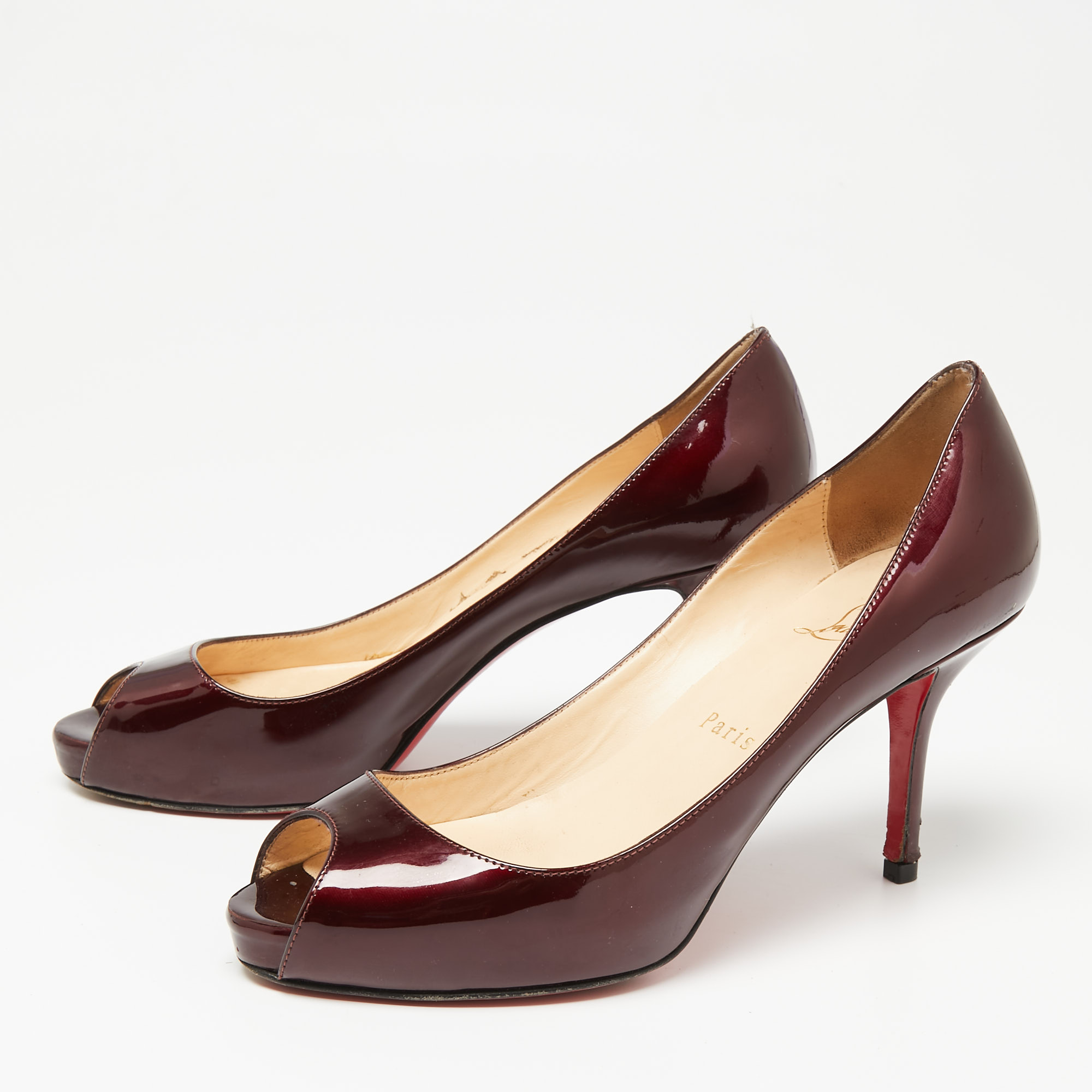 Christian Louboutin Burgundy Patent Leather Matar Claude Peep-Toe Pumps Size 37