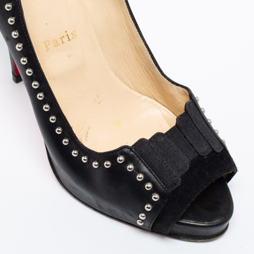 Christian Louboutin Black Leather Studded  Peep Toe Pumps Size 38.5