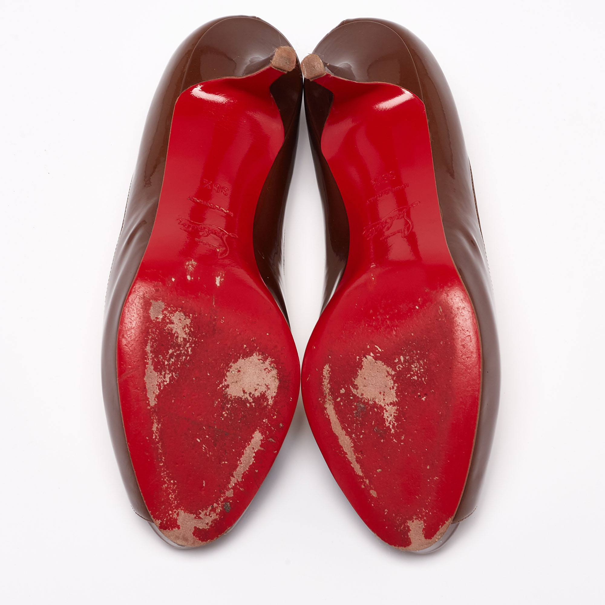 Christian Louboutin Metallic Brown Patent Leather Mater Claude Peep-Toe Pumps Size 36.5